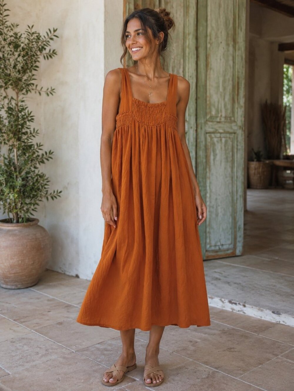 Free People Delphine Midi Dress Sleeveless Pull On Smocked Square Neck Xs Sienna